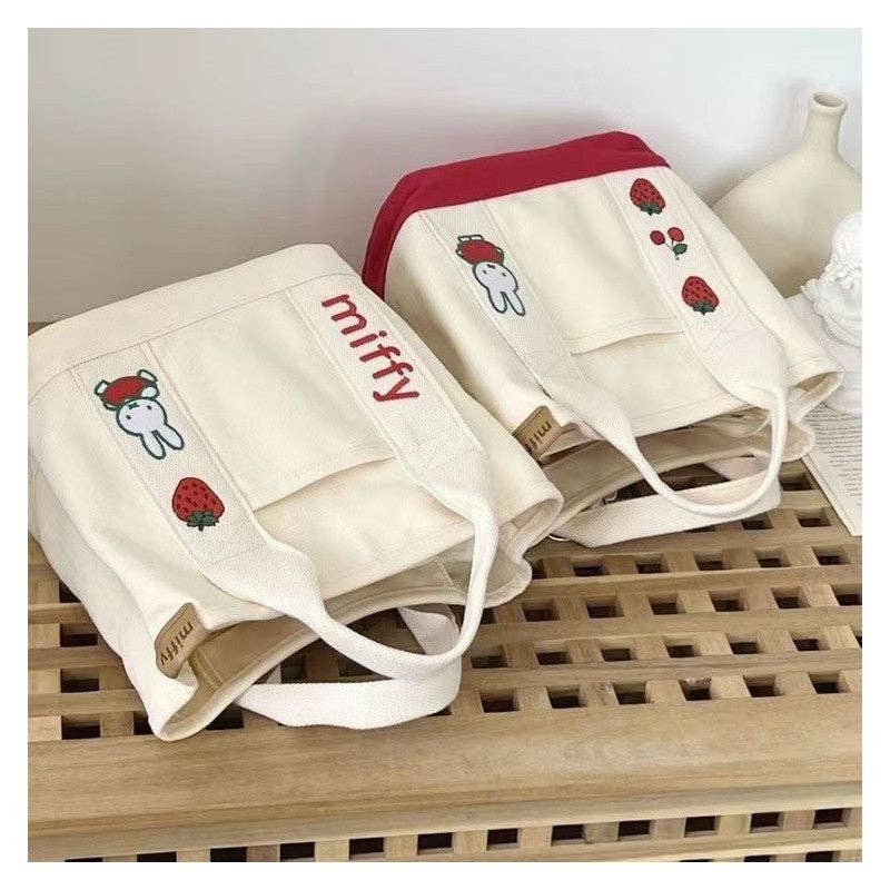 Cute Rabbit Embroidered Canvas Tote Bag: Red