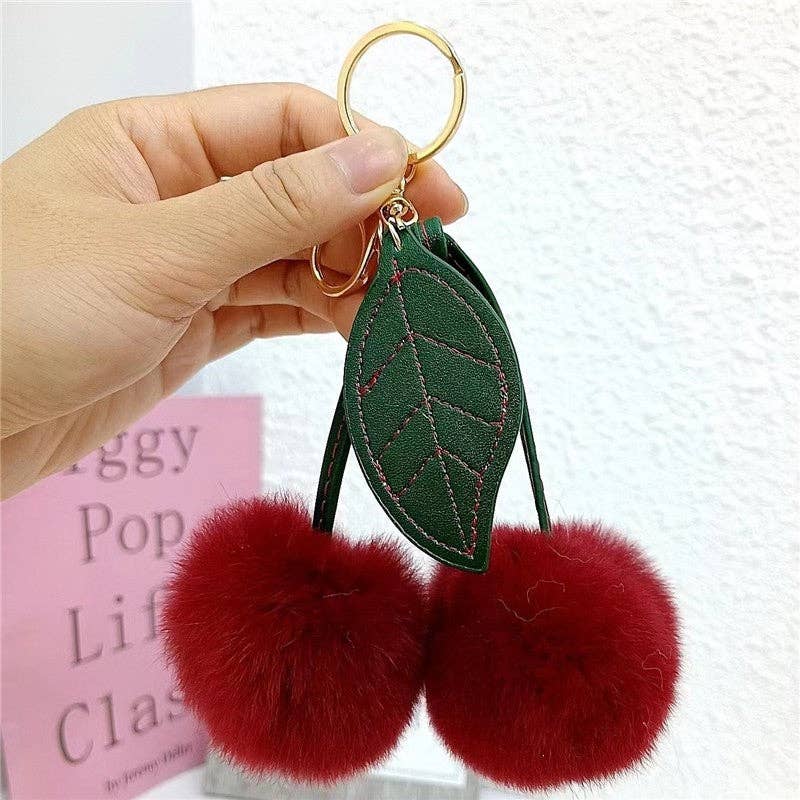 Fluffy Cherry Rex Rabbit Fur Keychain: WINE