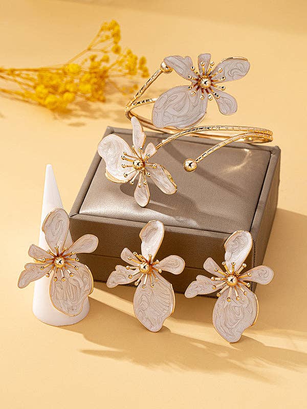 Flower Shape Bracelet + Earrings + Ring- Adjustable. Three Pieces- WHITE