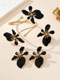 Flower Shape Bracelet + Earrings + Ring Adjustable.Three Pieces-BLACK