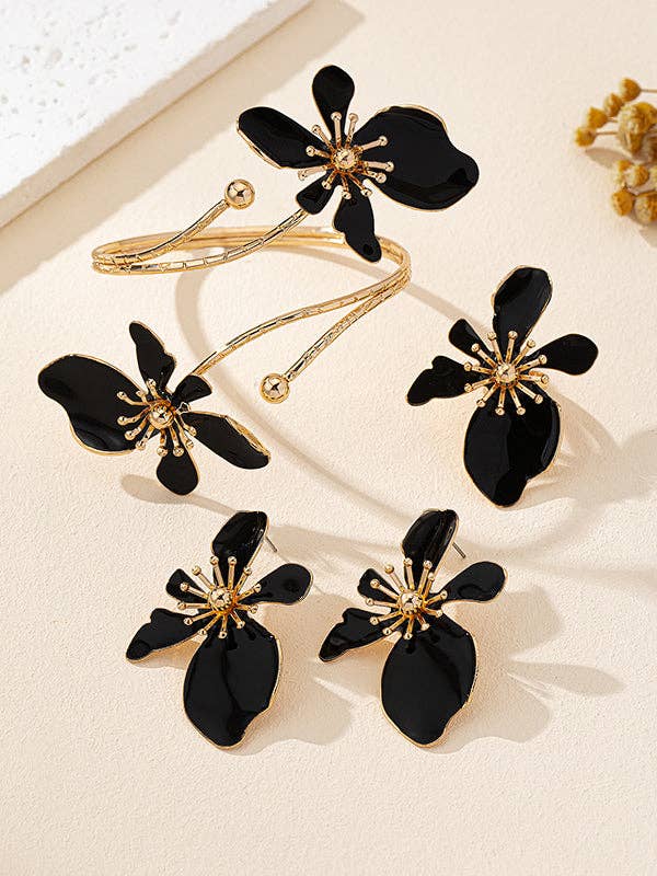 Flower Shape Bracelet + Earrings + Ring Adjustable.Three Pieces-BLACK