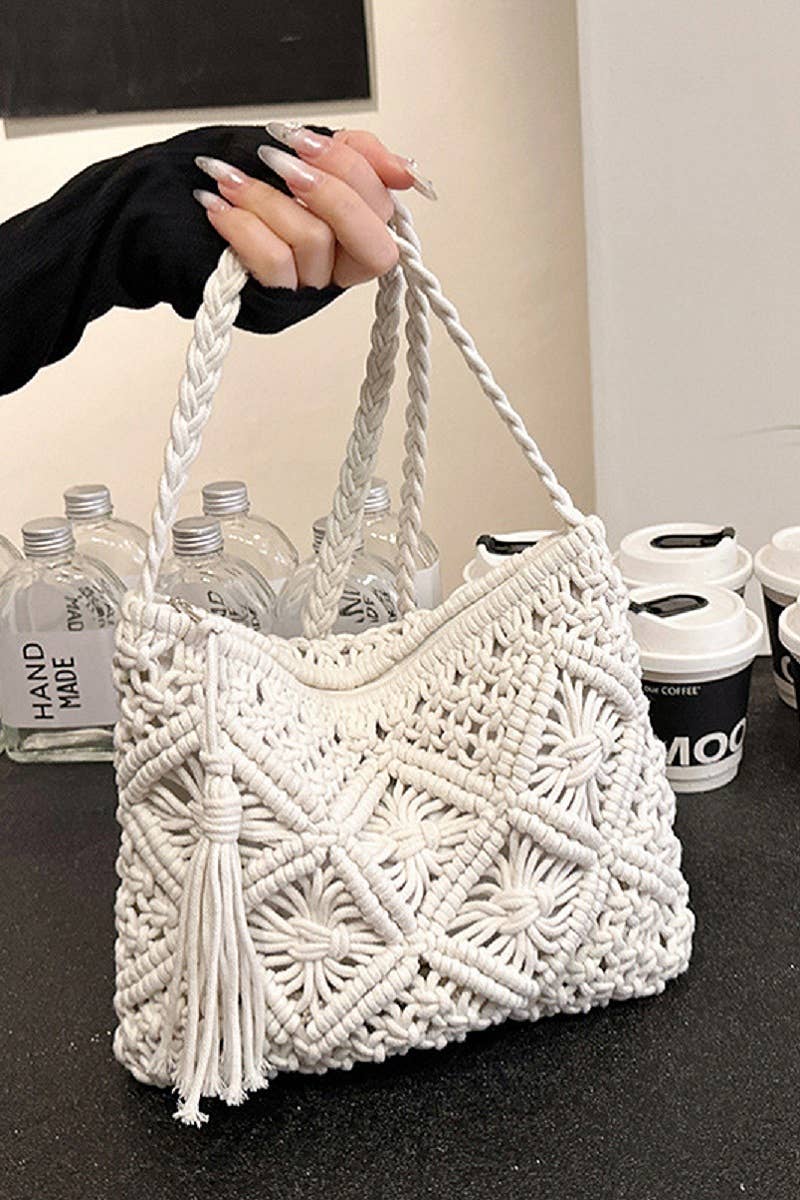 Woven Bohemian Tassel Crochet Shoulder Bag-IVORY