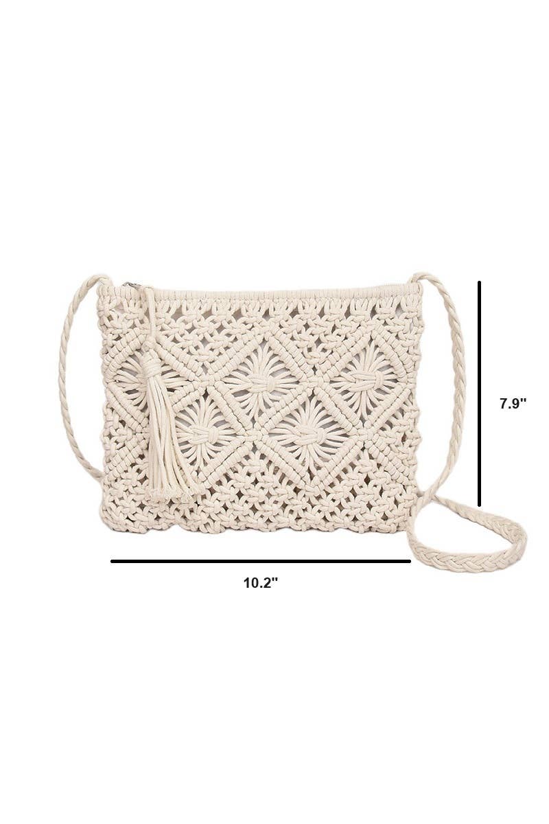 Woven Bohemian Tassel Crochet Shoulder Bag-IVORY