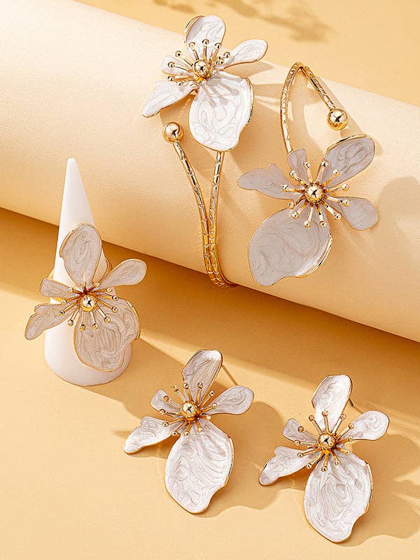 Flower Shape Bracelet + Earrings + Ring- Adjustable. Three Pieces- WHITE