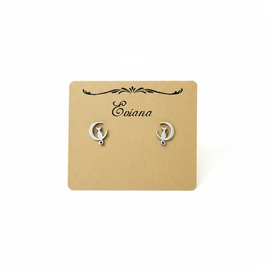 Cute Stainless Steel Animal Stud Earrings-Silver Cat On A Moon