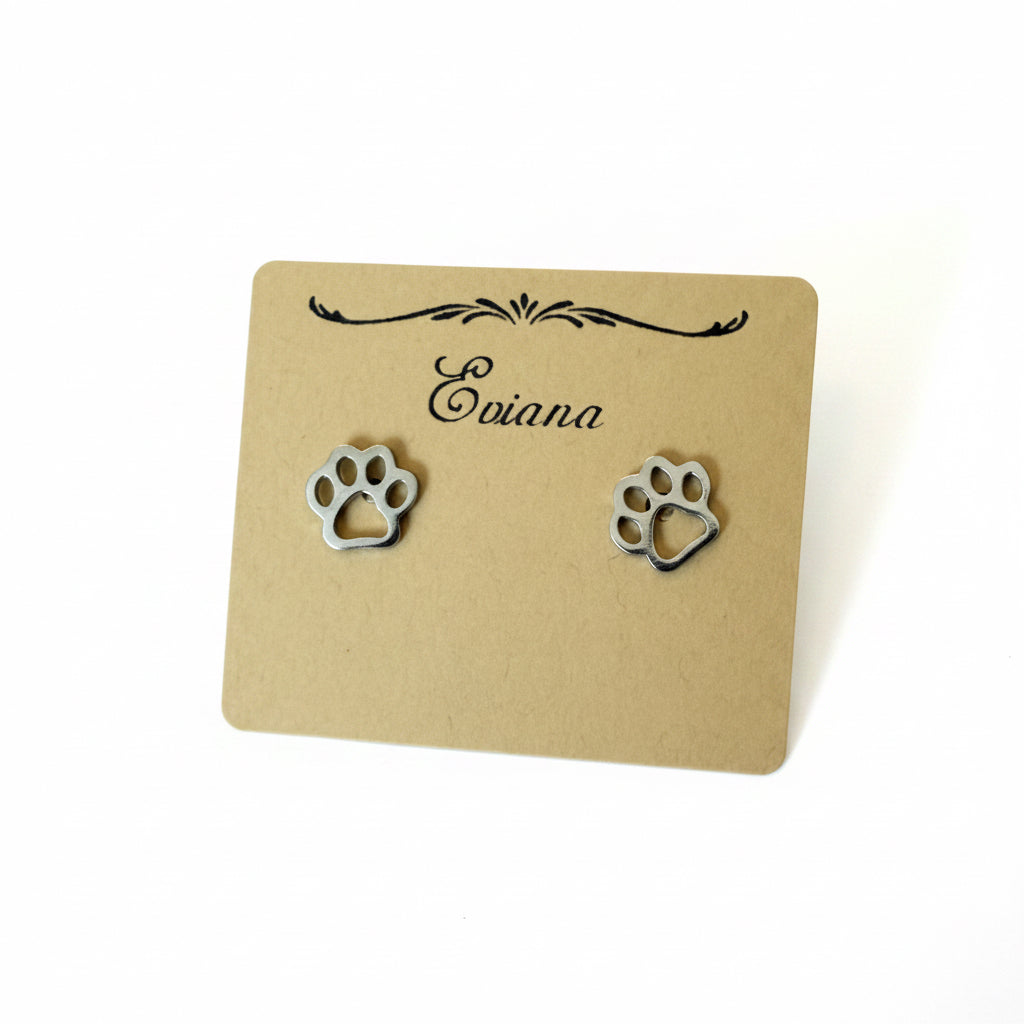 Cute Stainless Steel Animal Stud Earrings-Silver Paw Print
