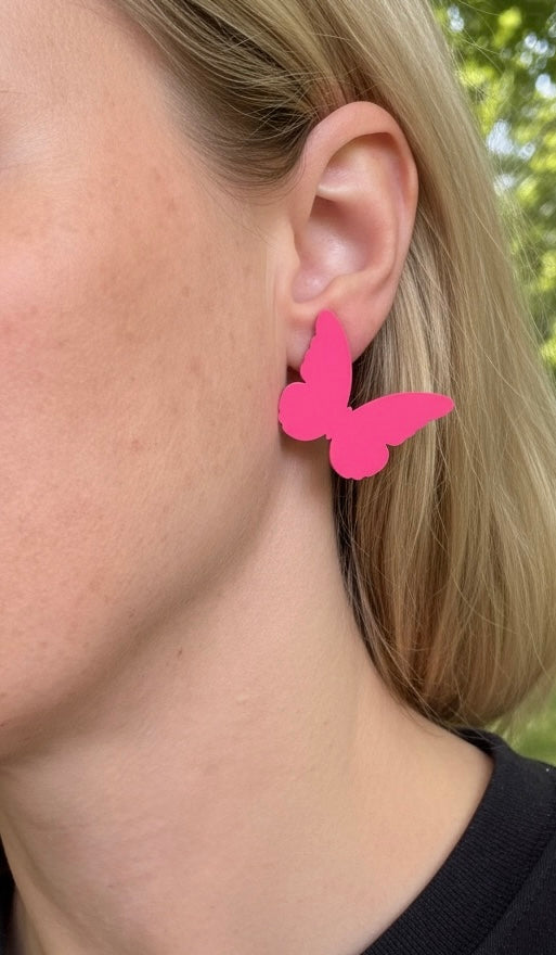 Geometric Fluorescent Pink Earrings-Butterfly