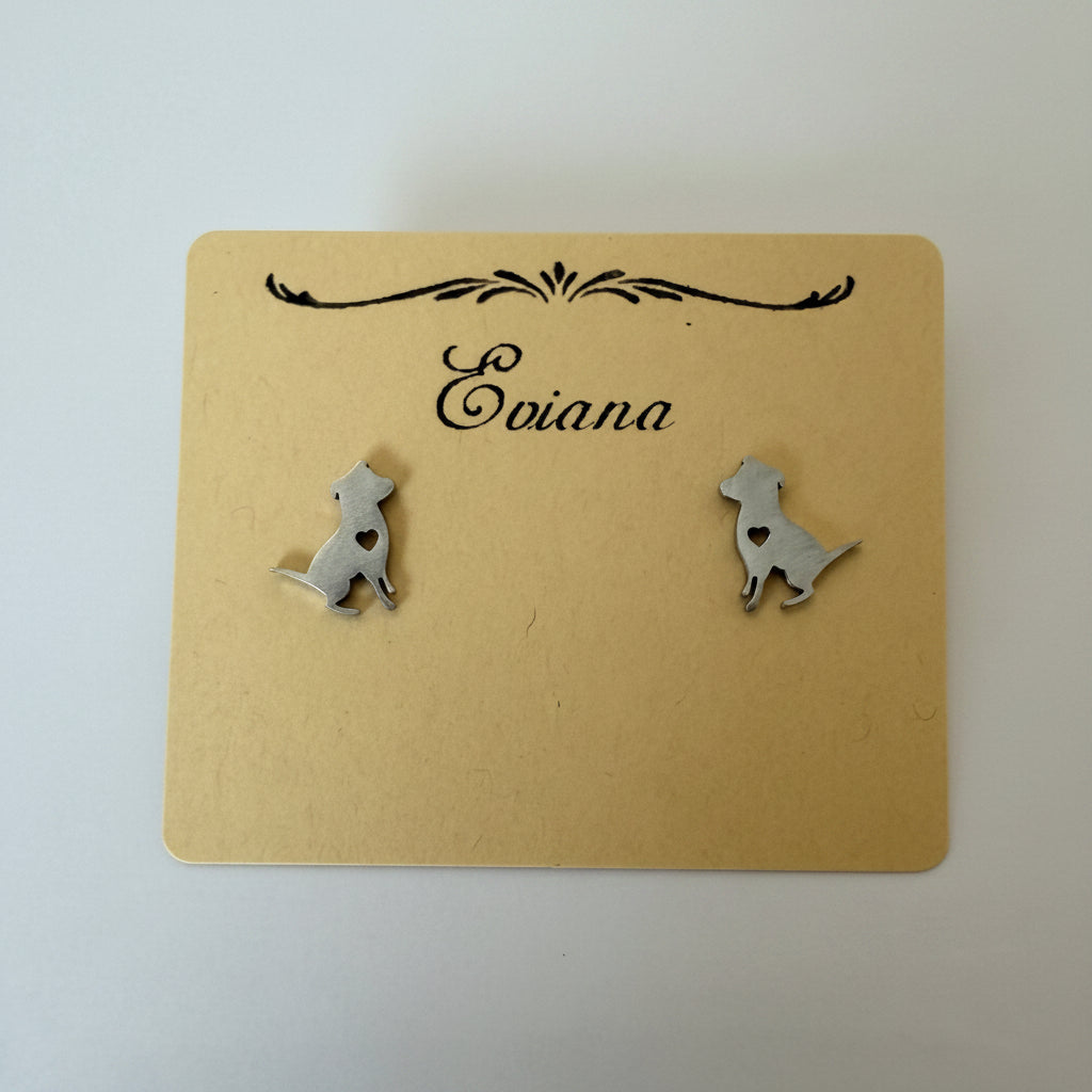 Cute Stainless Steel Animal Stud Earrings-Silver Dog with Heart