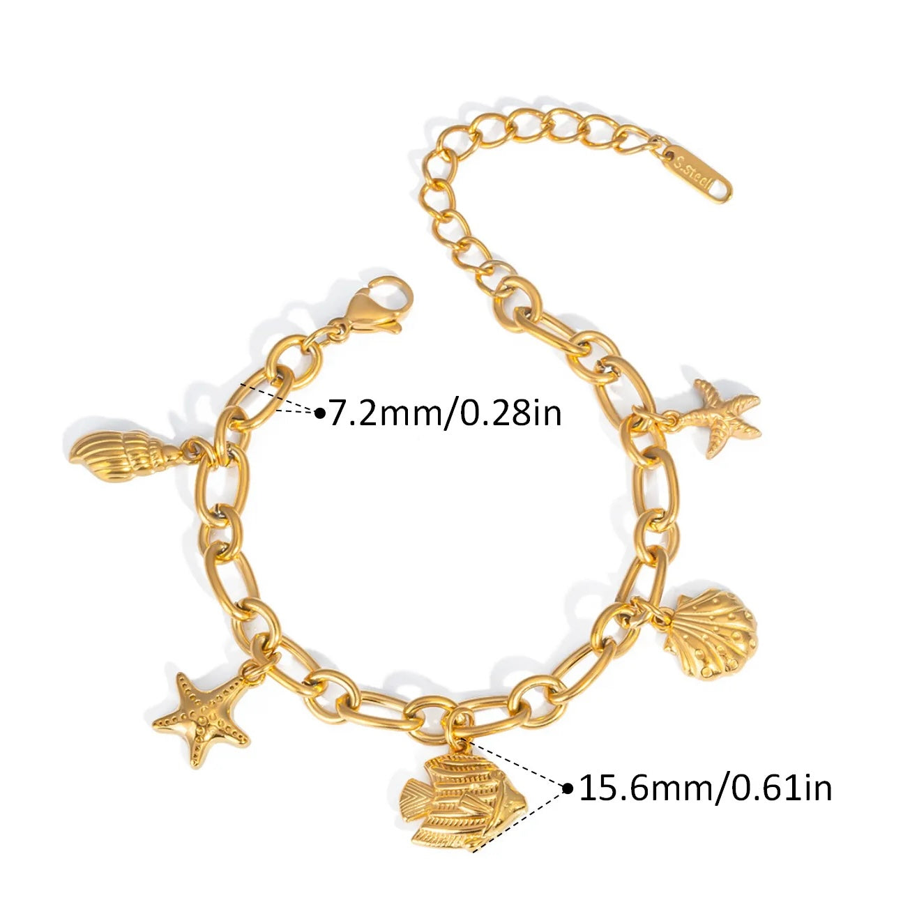 Ocean Theme Charm Bracelet Stainless Steel Gold Plated Seashell Starfish Fish Pendants
