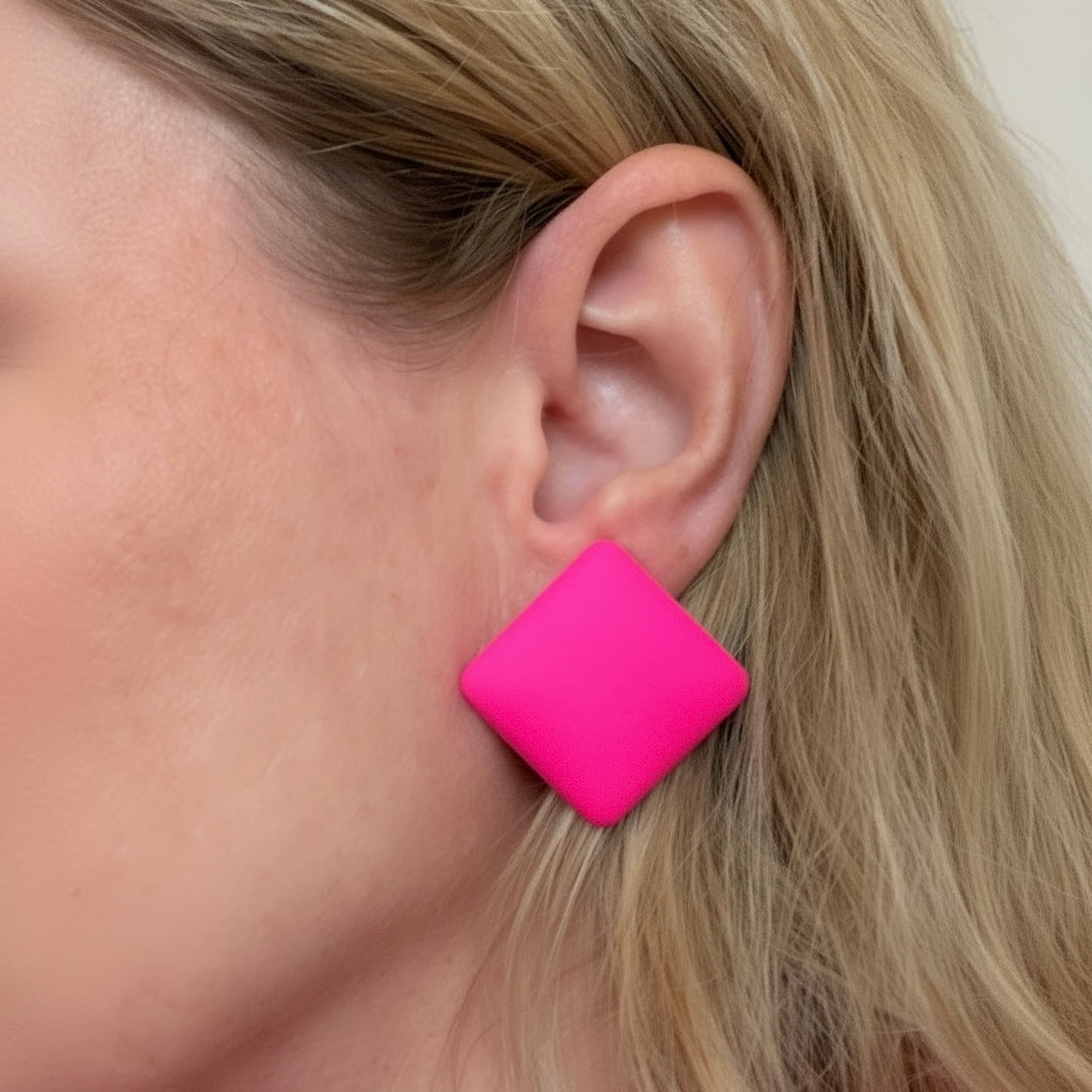 Geometric Fluorescent Pink Earrings-Square