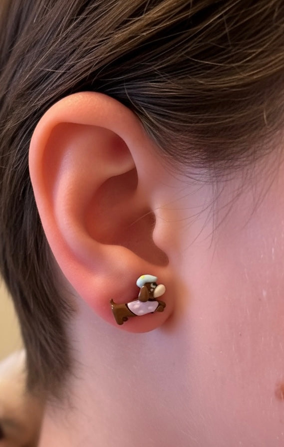 Blue Hat Dachshund Dog Earrings