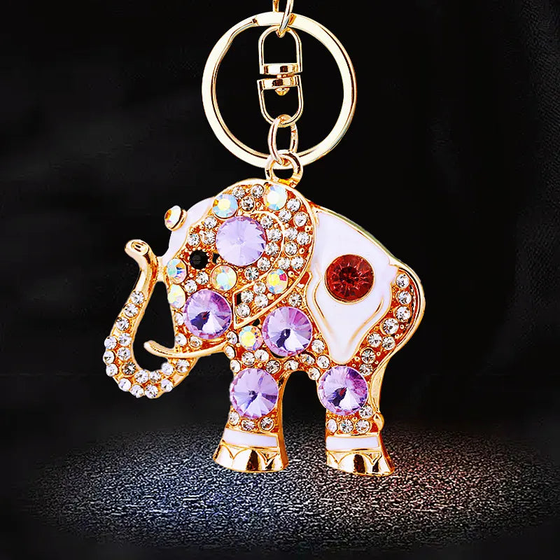 Crystal Rhinestone Elephant Keychain-Purple