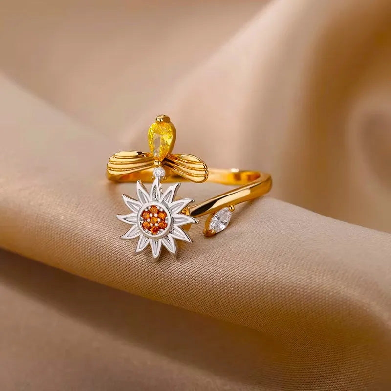 Adjustable Ring- Bee & Sunflower Gold