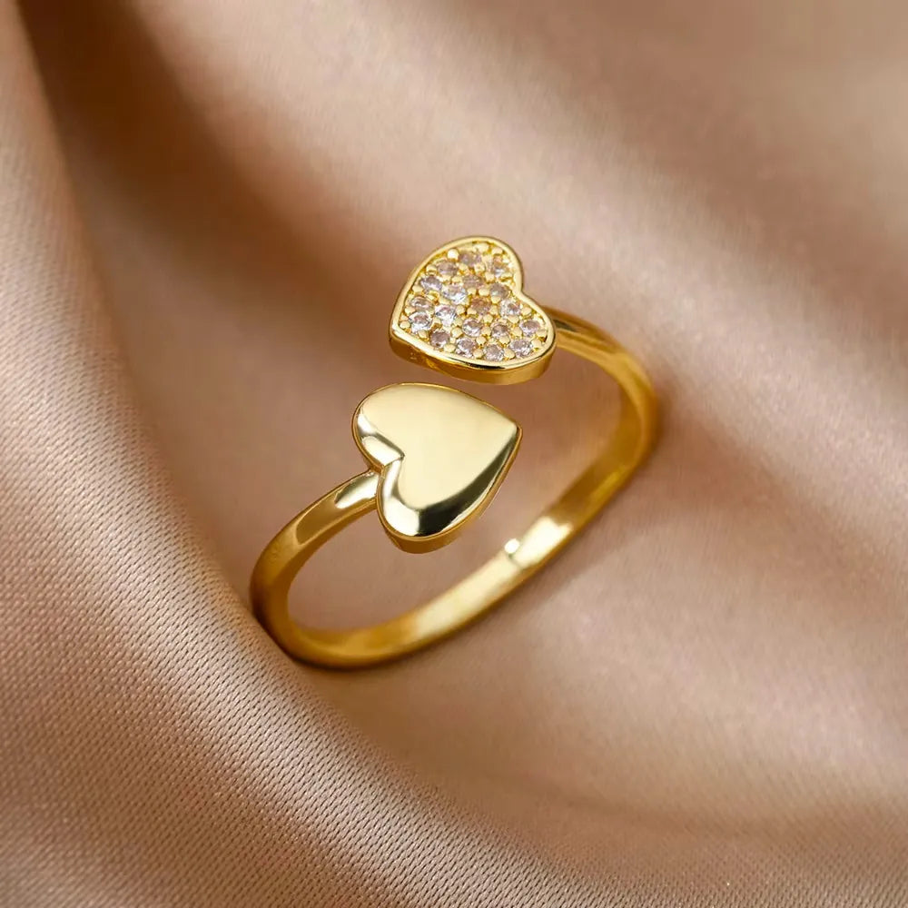 Adjustable Ring- Rhinestone Pave Double Heart
