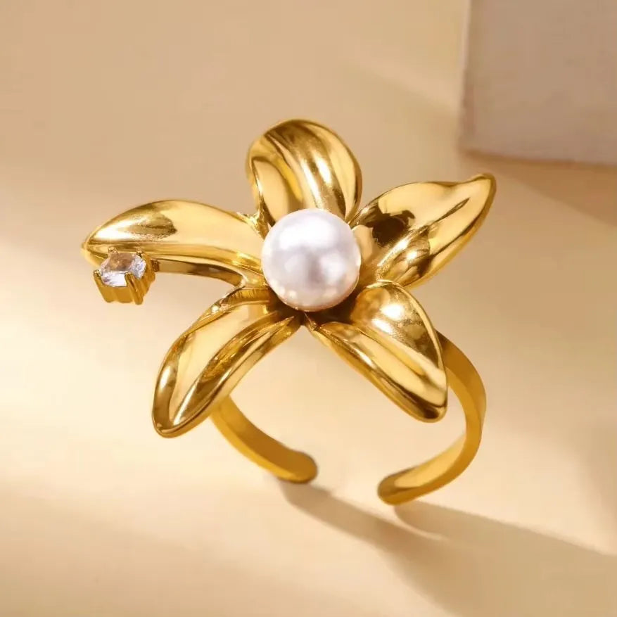 Adjustable Ring-Stainless Steel Pearl Flower