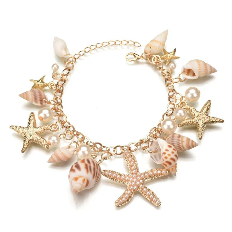 Elegant Bohemian Shell Starfish Charm Bracelet-Gold