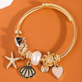 Ocean Theme Charm Bangle Bracelet Stainless Steel Gold Plated Sea Star Shell Turtle Heart-Black