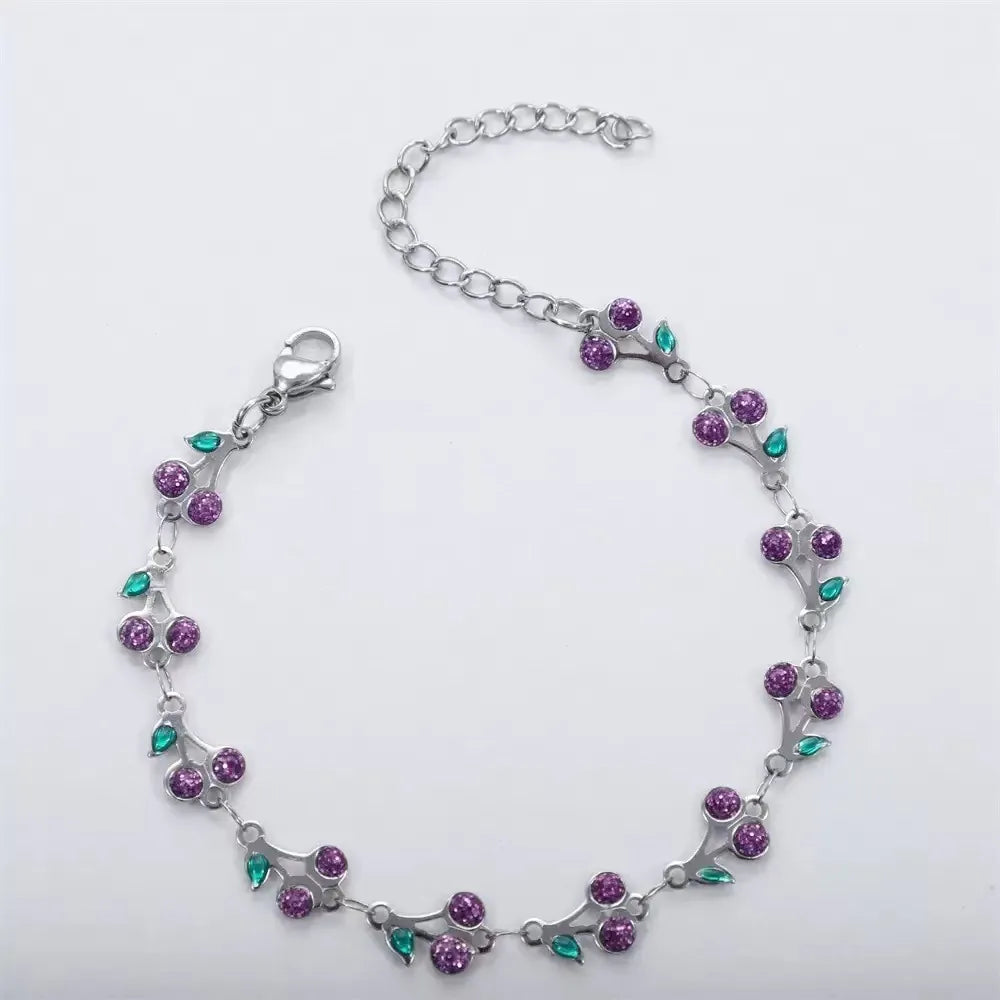 Stainless Steel Bracelet Women Bohemian Enamel Cherry Pendant Adjustable-Silver-Purple