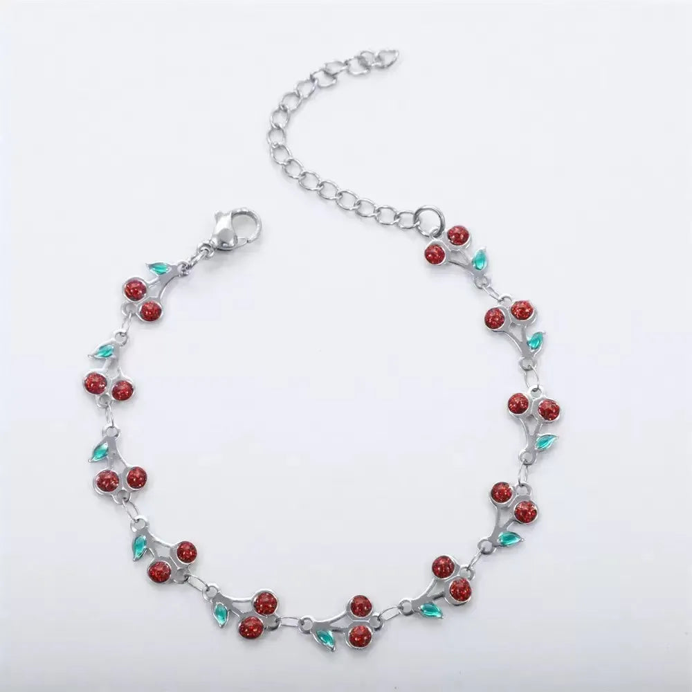 Stainless Steel Bracelet Women Bohemian Enamel Cherry Pendant Adjustable-Silver-Red