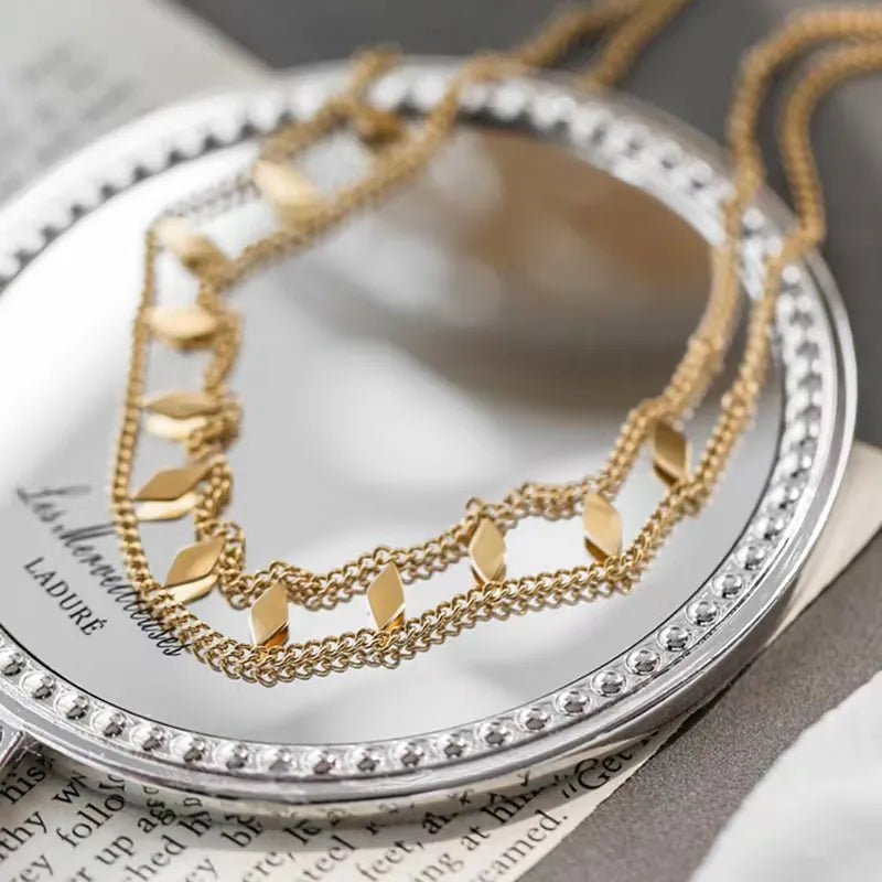 Double Layer Necklace-Irregular Rhombus Sequin Geometric Choker-Gold