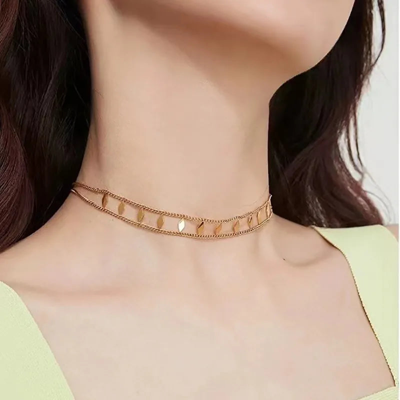Double Layer Necklace-Irregular Rhombus Sequin Geometric Choker-Gold