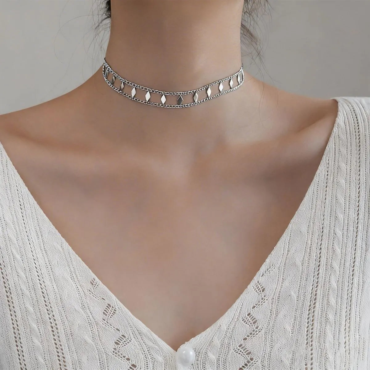 Double Layer Necklace-Irregular Rhombus Sequin Geometric Choker-Silver
