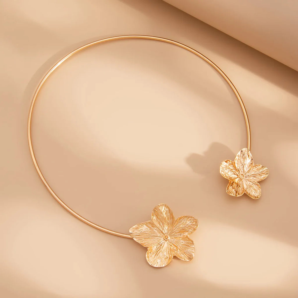 Elegant Flower Choker Necklace -Open Front Floral Petal-Gold