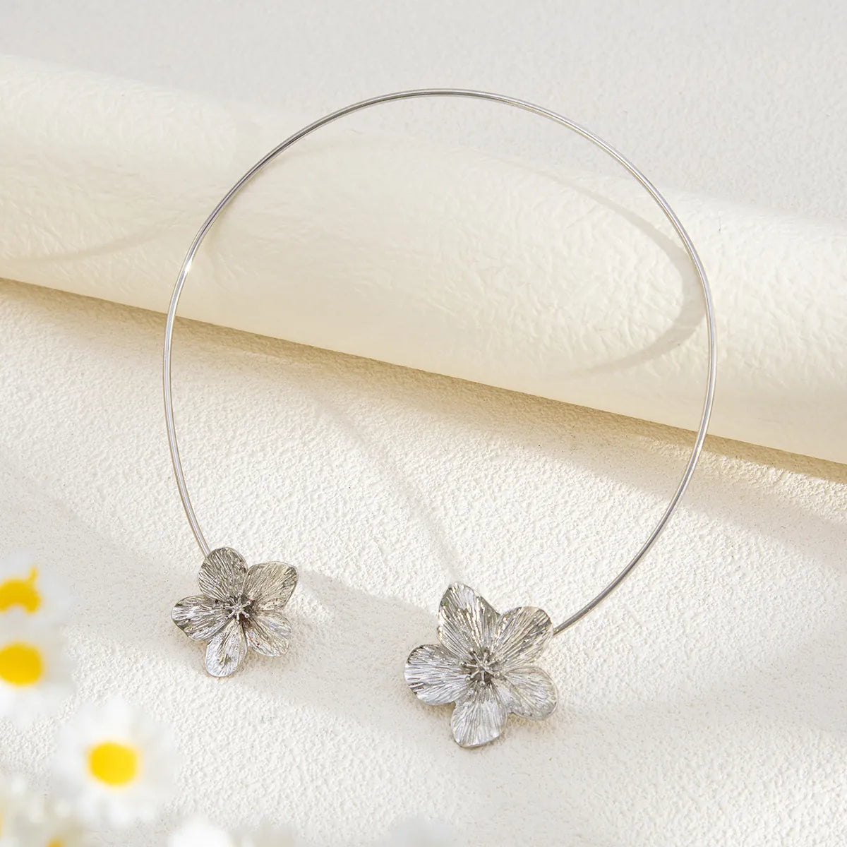 Elegant Flower Choker Necklace -Open Front Floral Petal-Silver