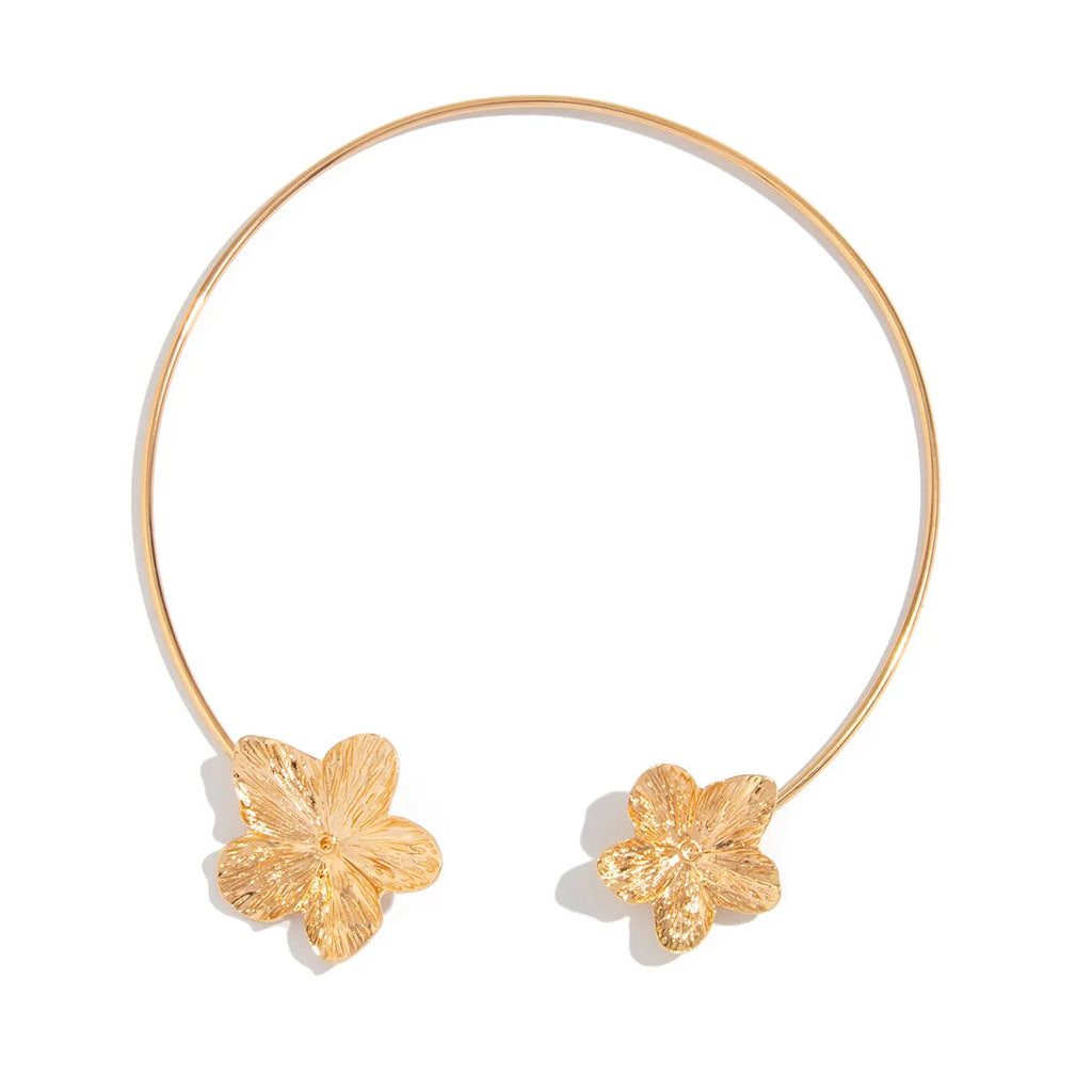 Elegant Flower Choker Necklace -Open Front Floral Petal-Gold