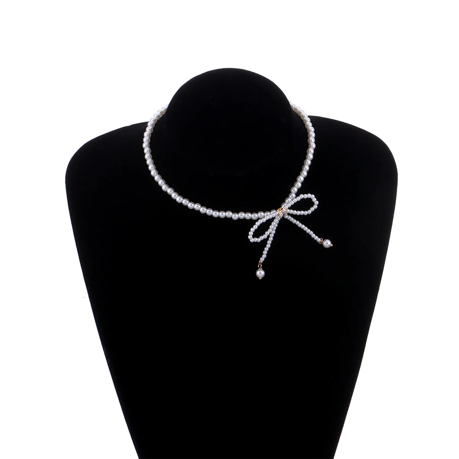 Elegant Bowknot Imitation Artificial Pearl Choker Necklace-White-Gold