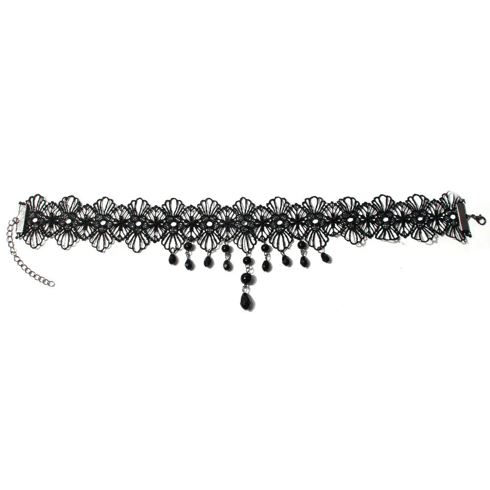 Vintage Gothic Choker Necklace Black Lace With Water Drop Acrylic Beads