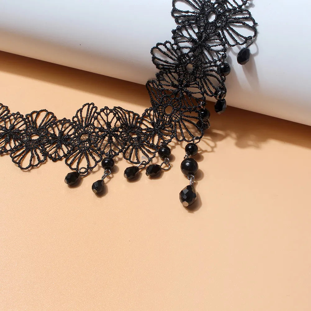 Vintage Gothic Choker Necklace Black Lace With Water Drop Acrylic Beads