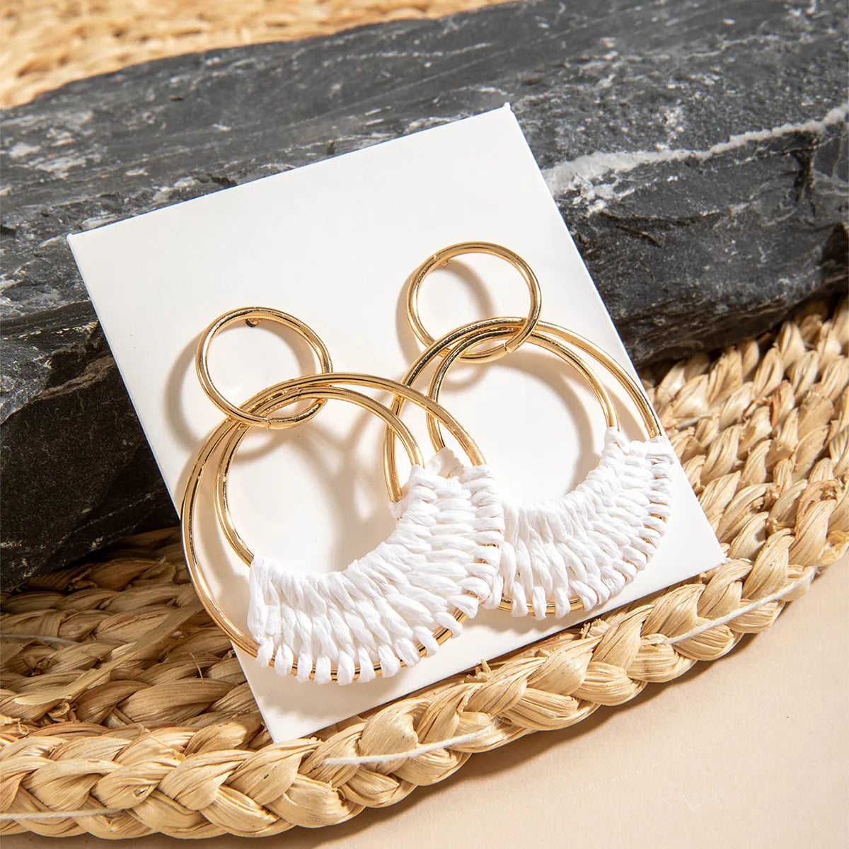 Bohemian Hand Woven Raffia Drop Earrings- Gold Hoop White Woven Rope