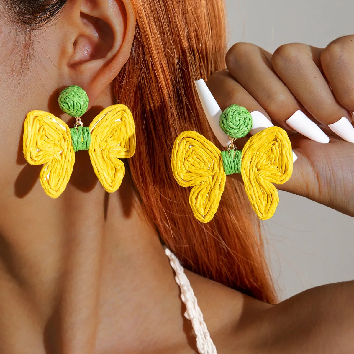 Bohemian Hand Woven Raffia Drop Earrings-Yellow and Green bow