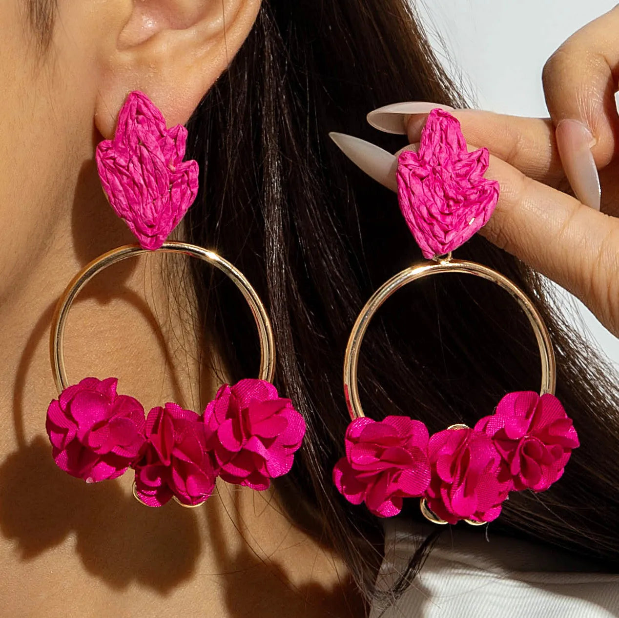 Bohemian Hand Woven Raffia Drop Earrings- Rose Red Fabric Flower