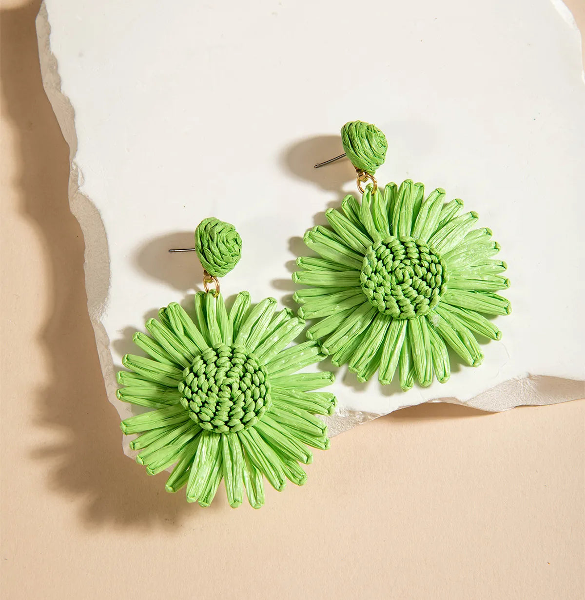 Bohemian Hand Woven Raffia Drop Earrings- Grass Green Sunflower