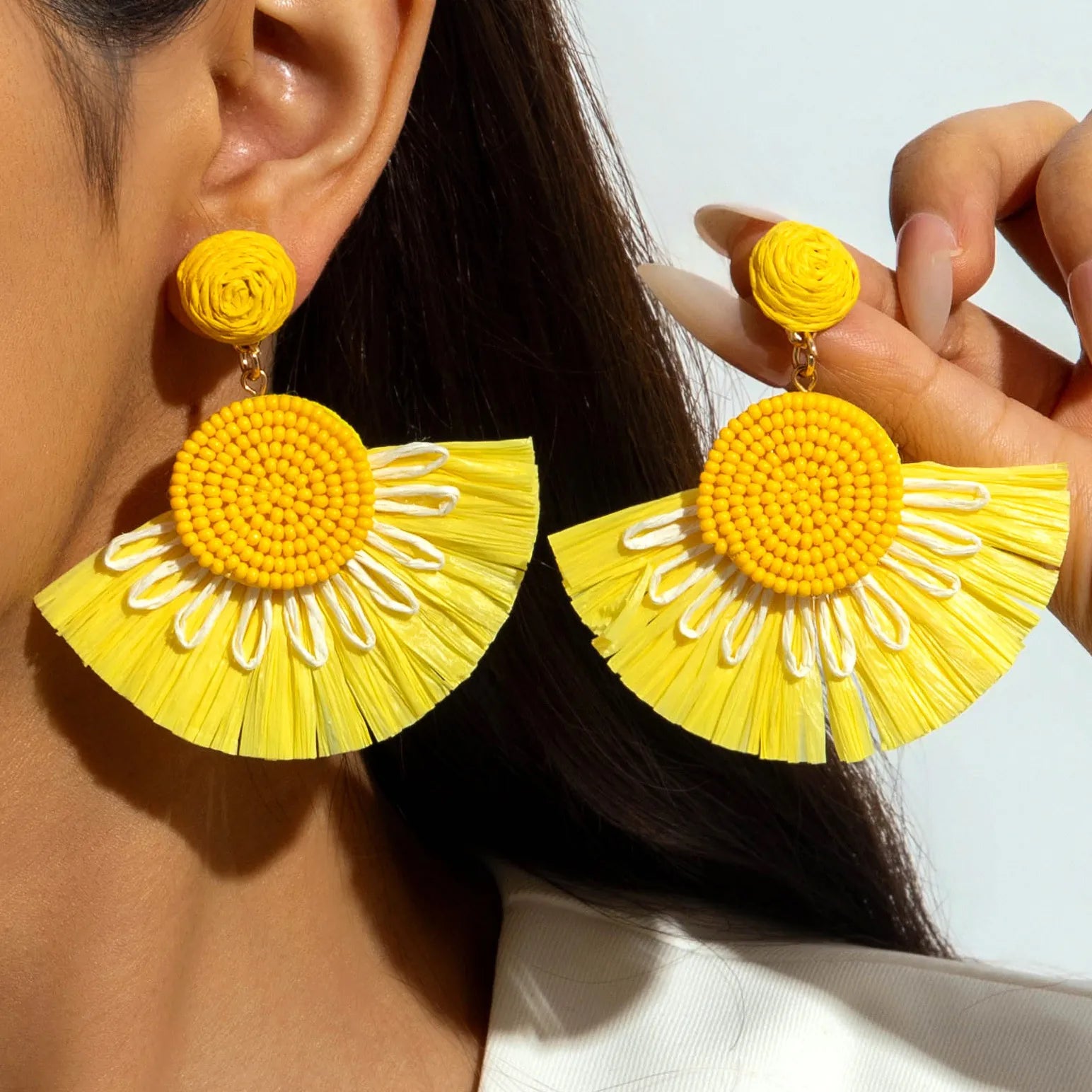 Bohemian Hand Woven Raffia Drop Earrings- Bright Yellow Raffia