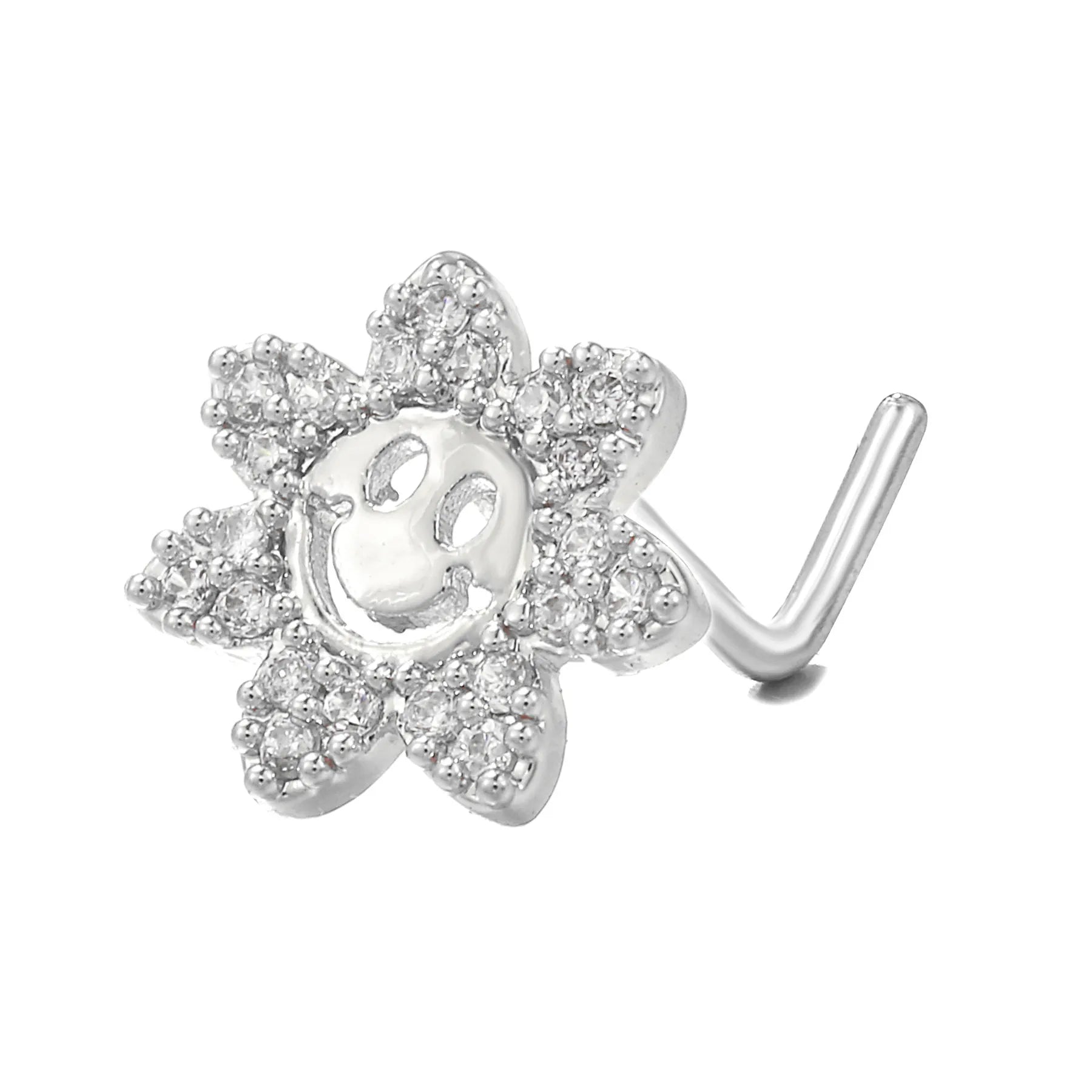 L-Shaped Nose Stud-Silver Flower with Smiley Face