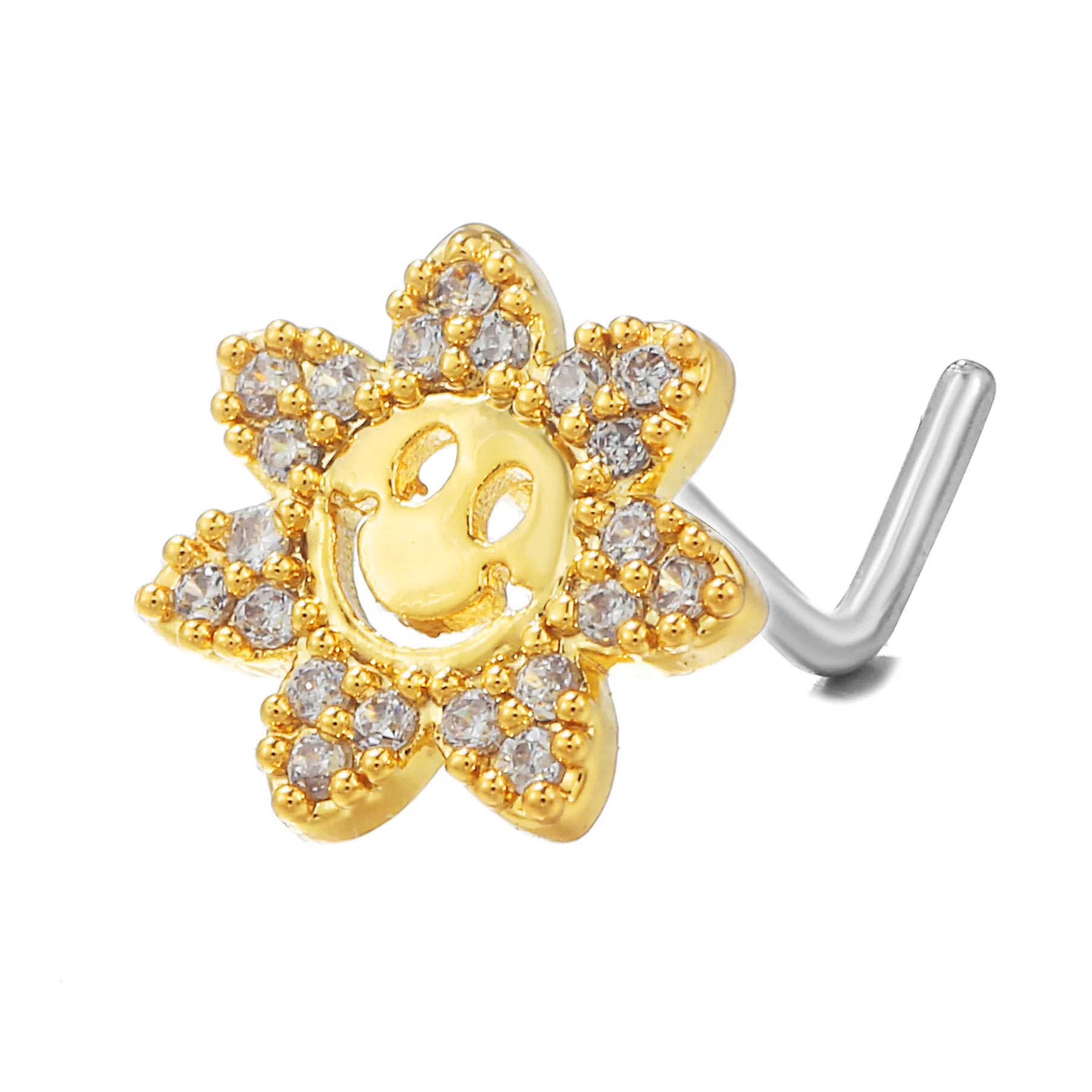 L-Shaped Nose Stud-Gold Flower with Smiley Face