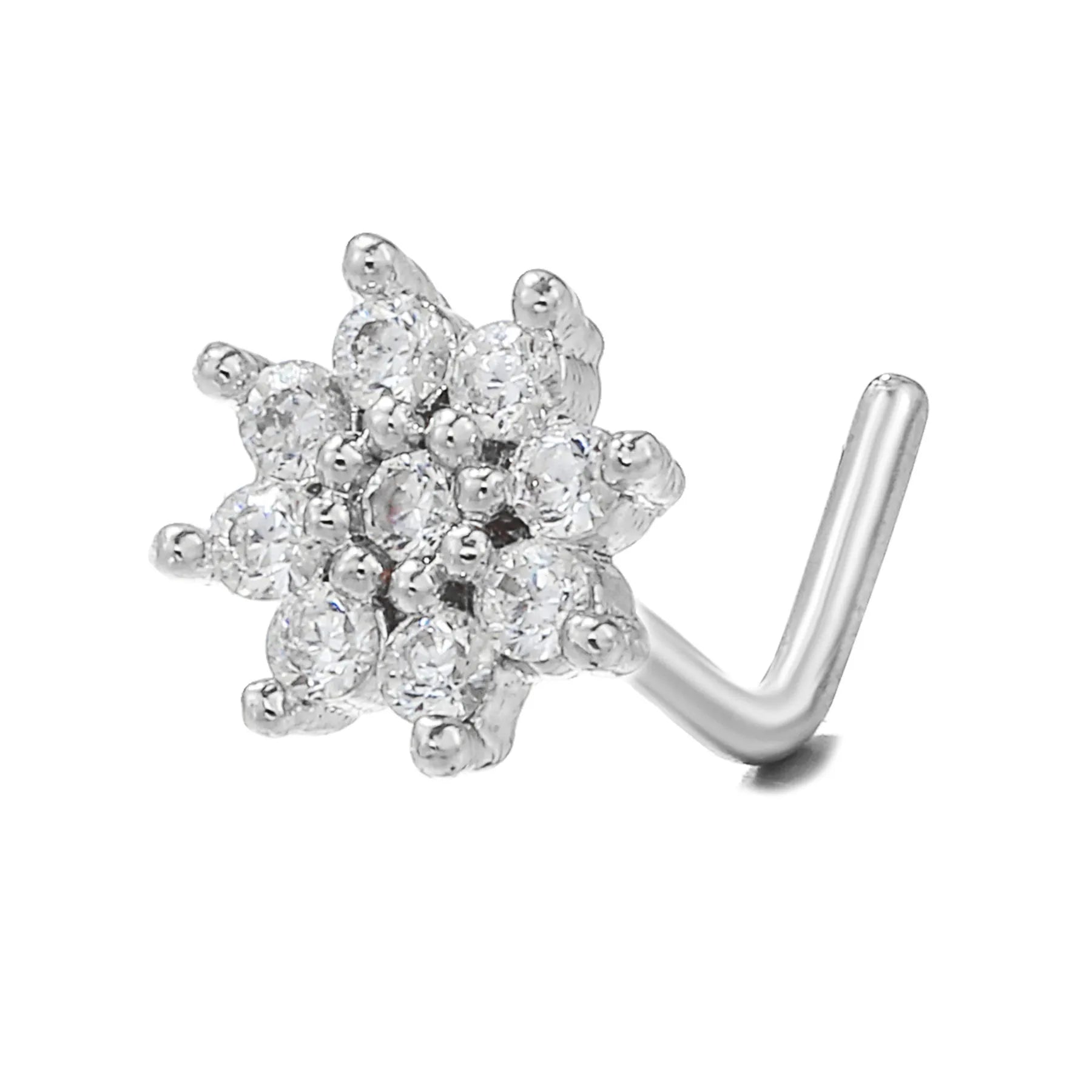 L-Shaped Nose Stud-Silver Flower