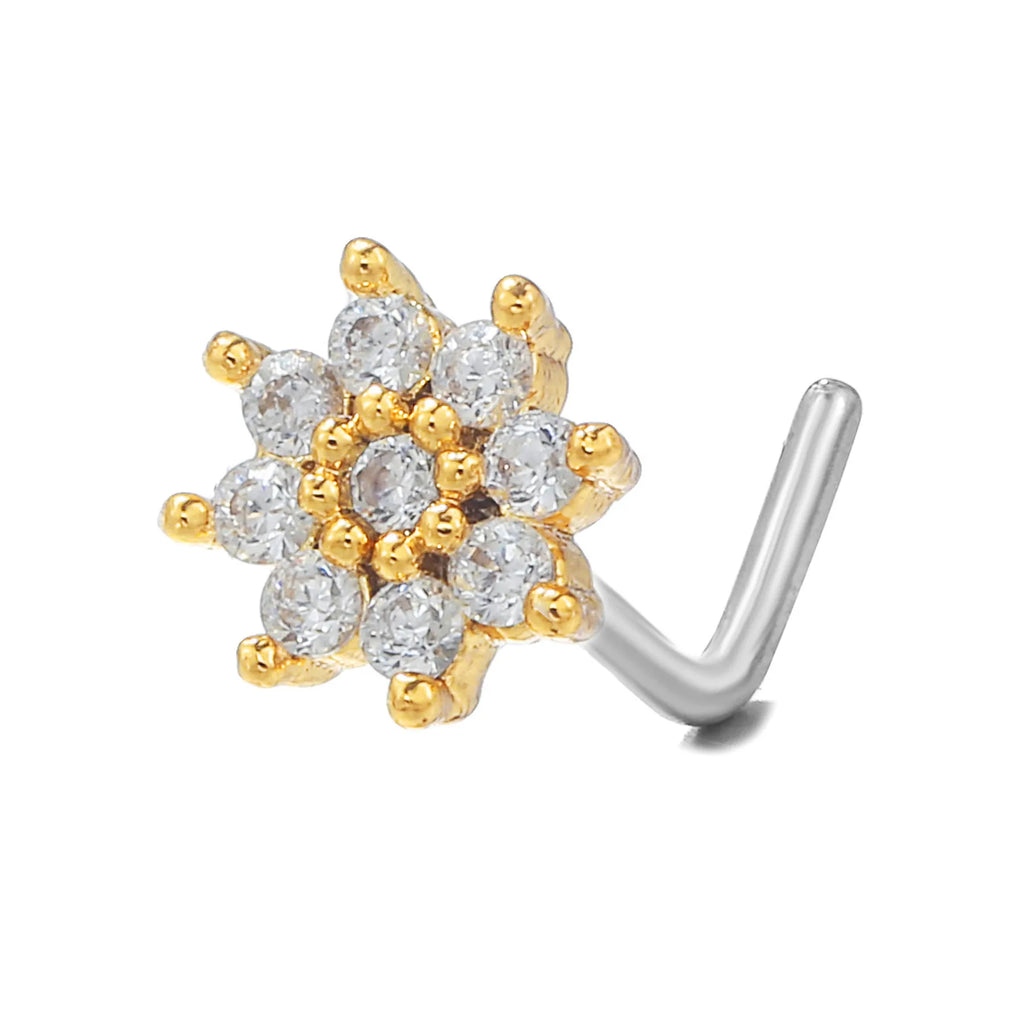 L-Shaped Nose Stud-Gold Flower