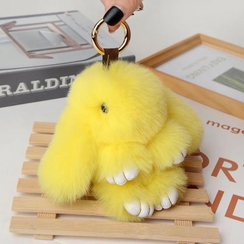 Soft Faux Fur Rabbit Pendant Keychain With Metal Ring-yellow