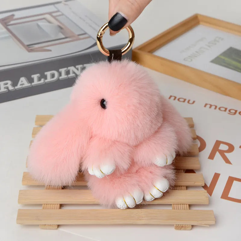Soft Faux Fur Rabbit Pendant Keychain With Metal Ring-Pink