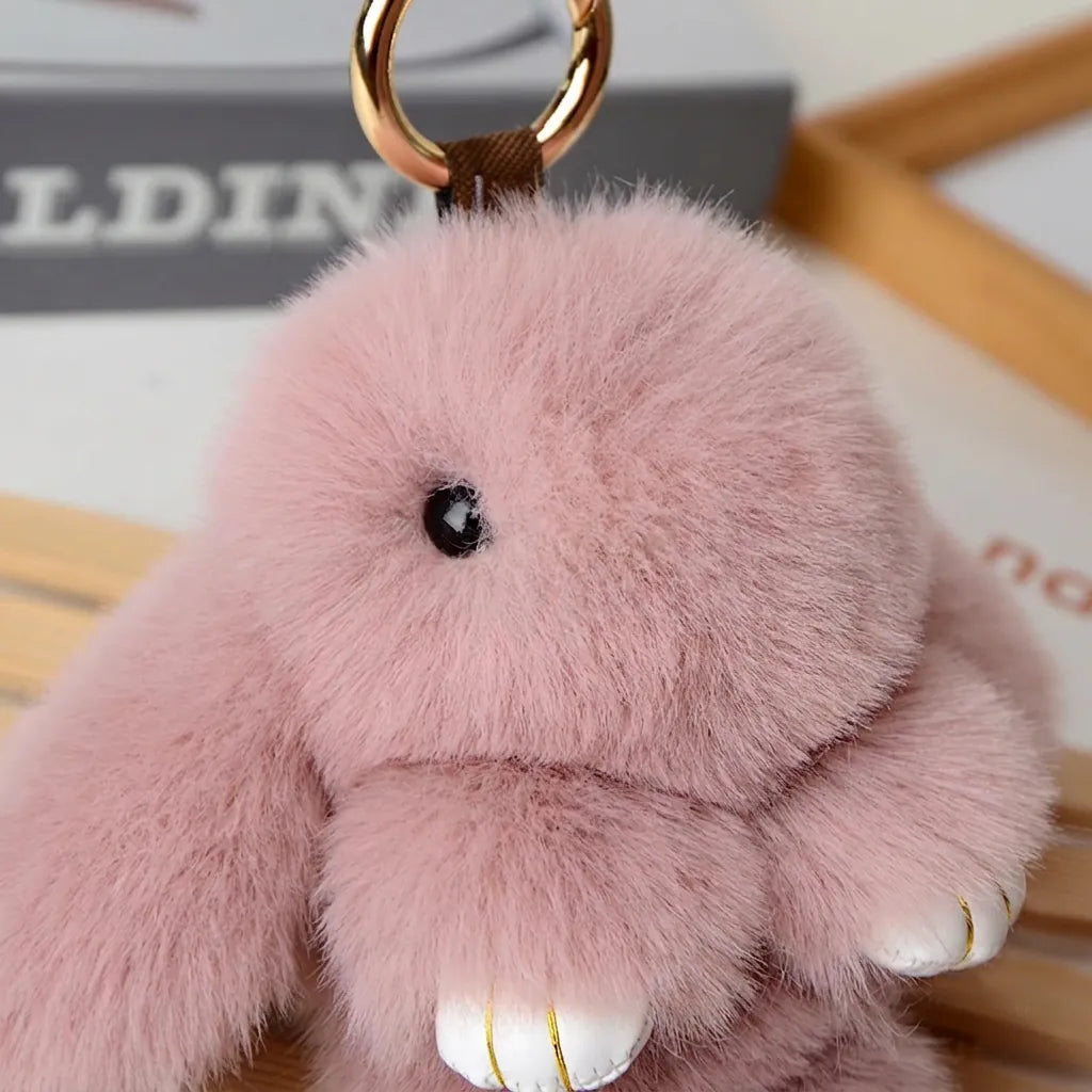Soft Faux Fur Rabbit Pendant Keychain With Metal Ring-Dusty Pink