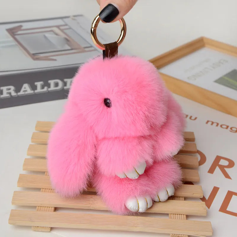 Soft Faux Fur Rabbit Pendant Keychain With Metal Ring-Hot Pink