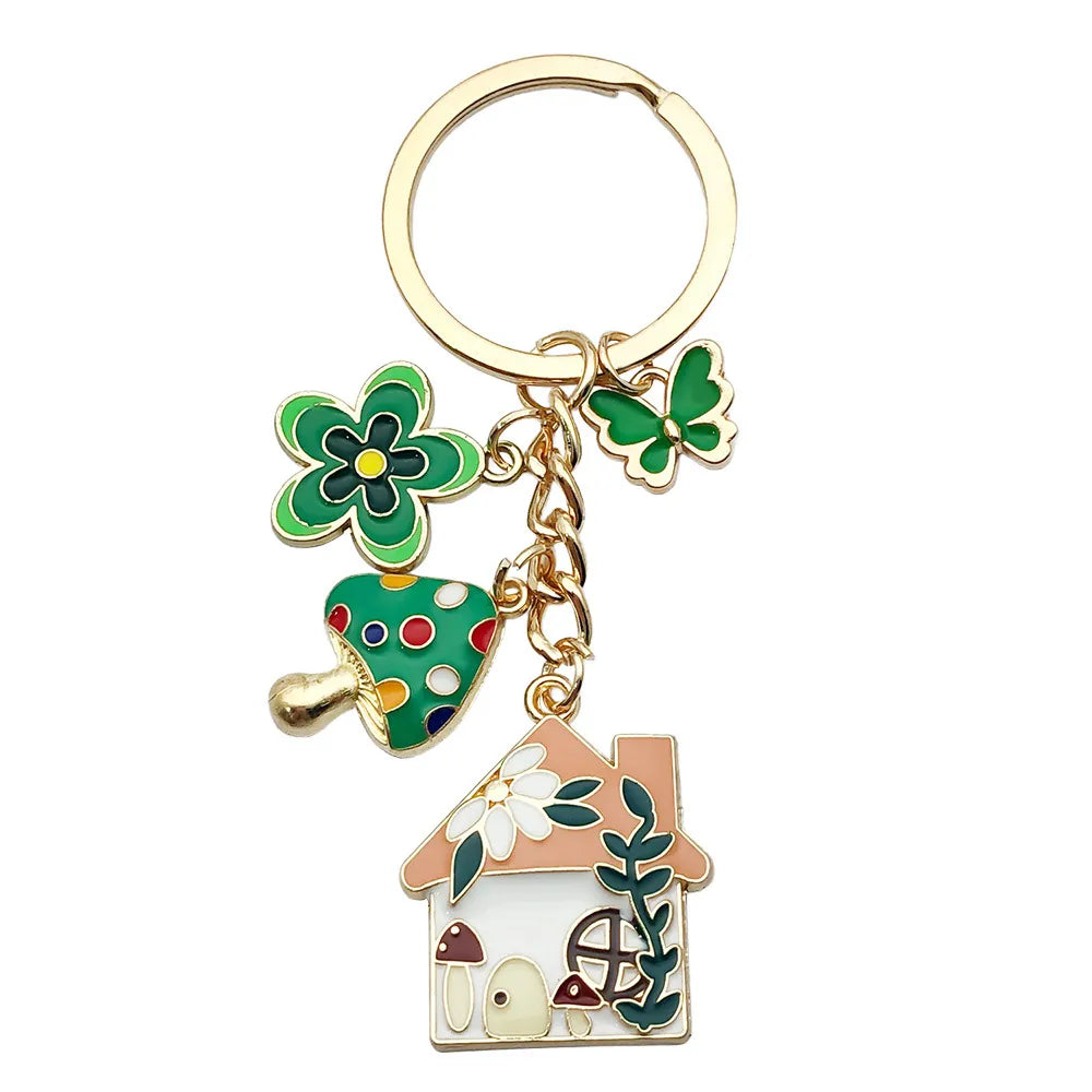 Keychain-Green Butterfly Flower Mushroom House