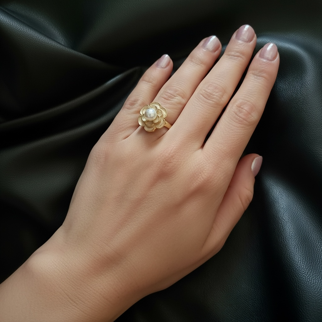 Oil Drop Flower Ring-Beige with Pearl