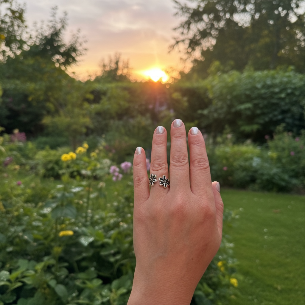 Open ring-Silver with Antique Finish-Two Flowers