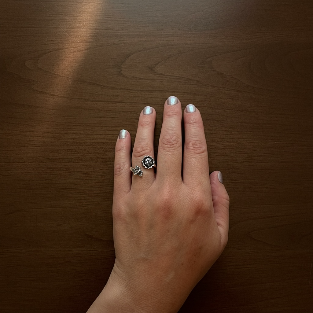 Open ring-Silver with Antique Finish- Bee and Sunflower