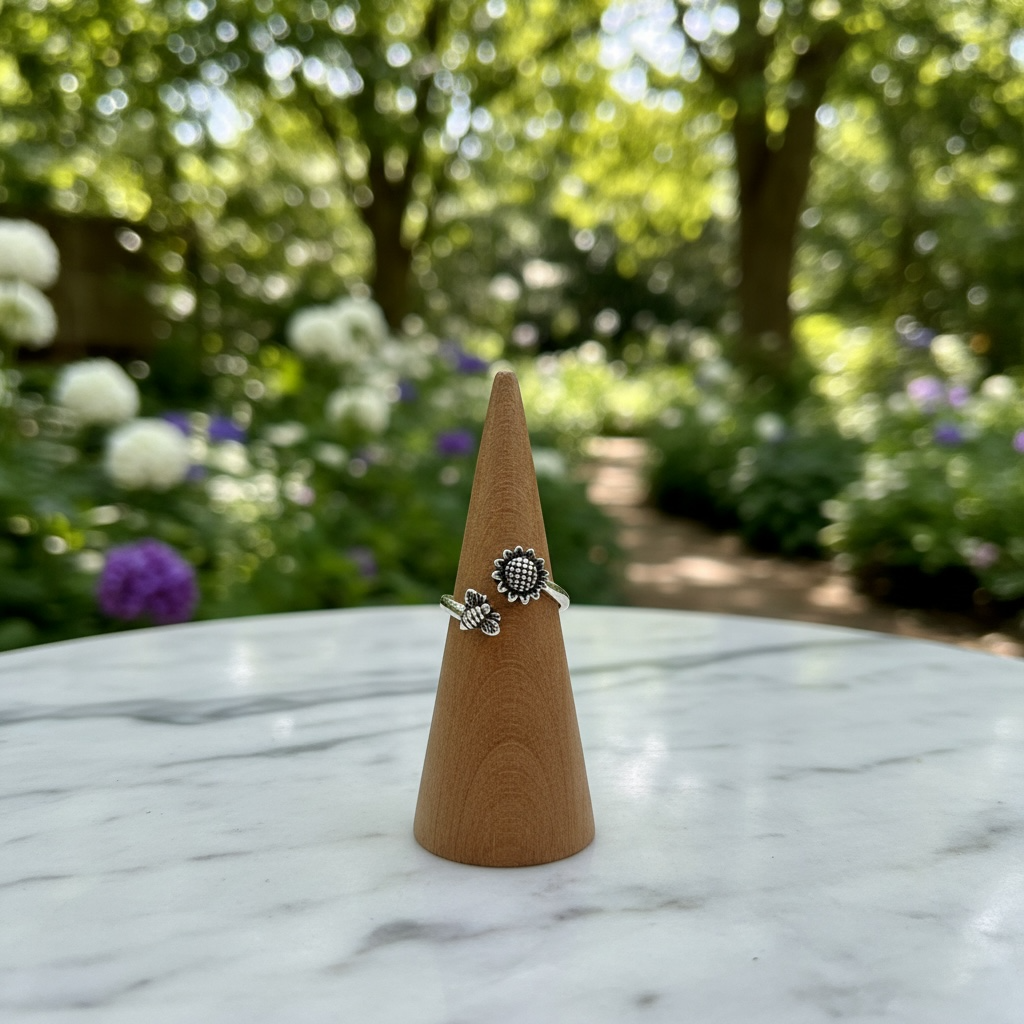 Open ring-Silver with Antique Finish- Bee and Sunflower